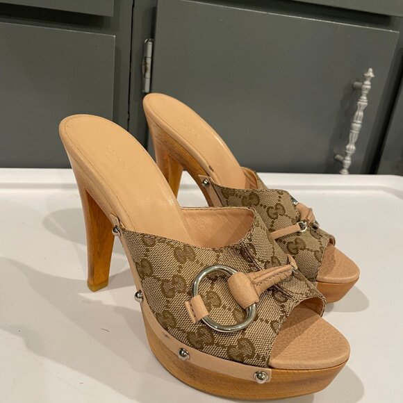 GUCCI -Beige/Tan GG Canvas Horsebit Platform Clogs (US 9) - Picture 1 of 5